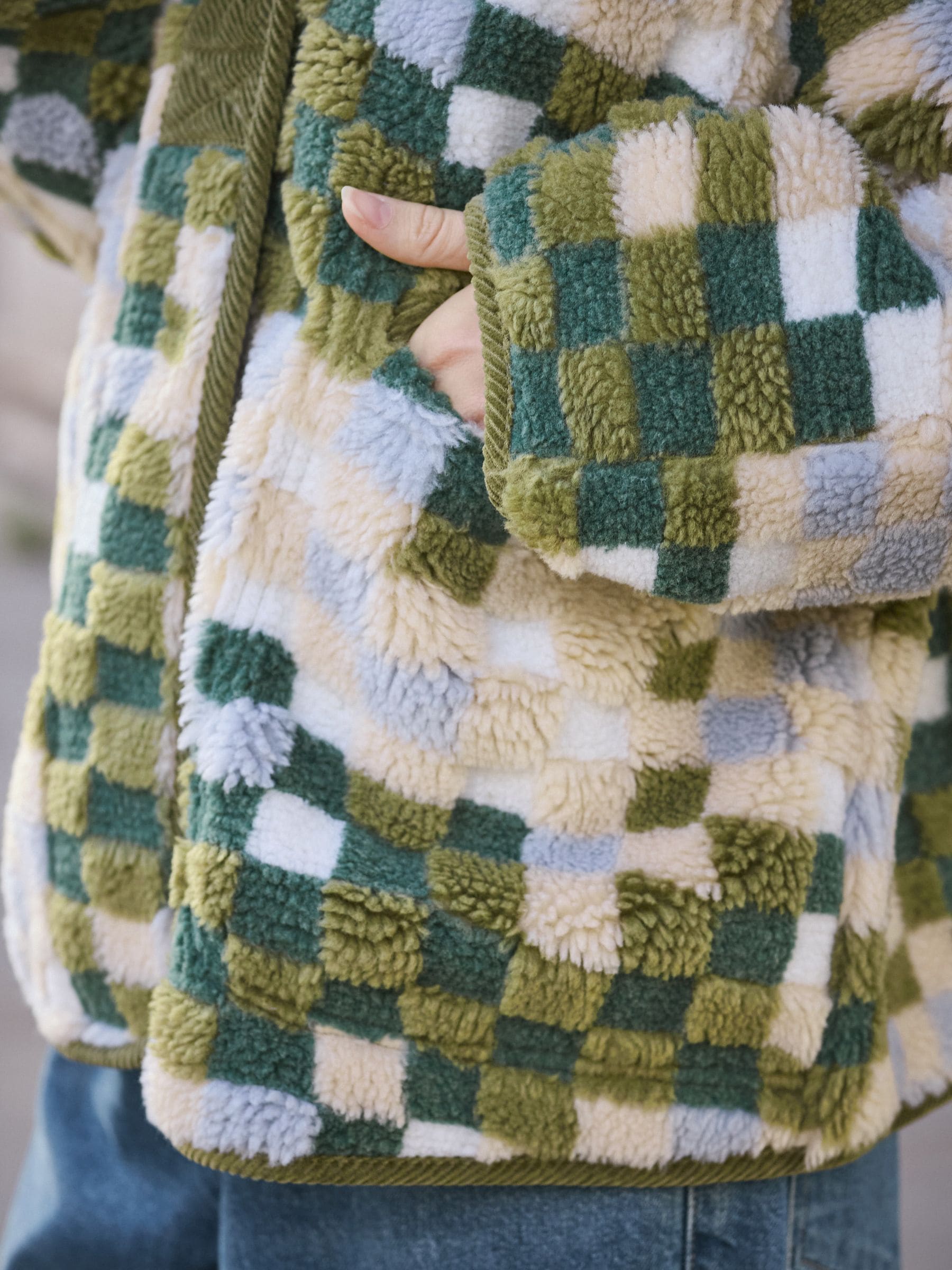 Groen ruit patroon - Behaaglijke teddy Borg mixgeweven fleece Jack met Knoopsluiting