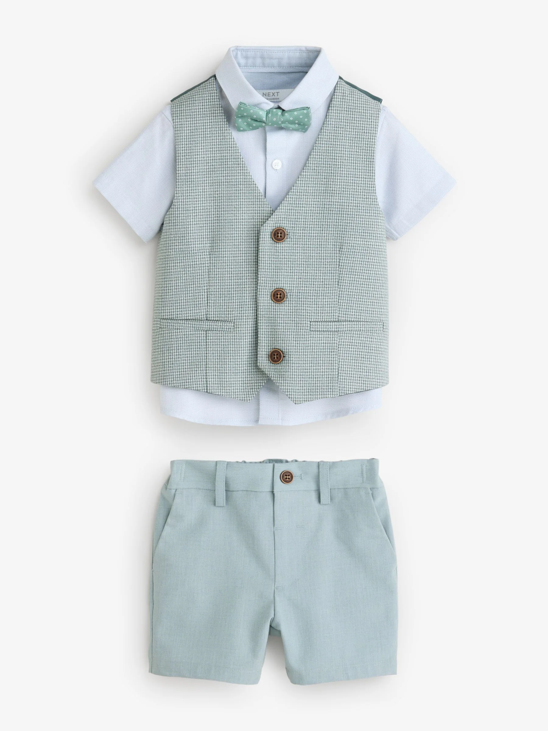 Sage Green Puppytooth - Set met gilet, overhemd, shorts en vlinderdas (3mnd -9jr)