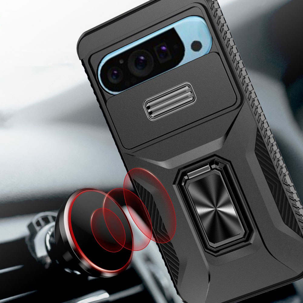 Google Pixel 9 / Pixel 9 Pro Hybrid Outdoor Hardcase Hülle mit Cam-Slider   Magnetischer Kickstand - Schwarz