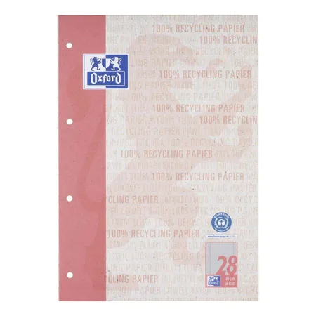 Oxford Recycling Schulblock A4, kopfgeleimt, 50 Blatt, Lineatur 28, 90 g/m², 4fach gelocht, Optik Paper®