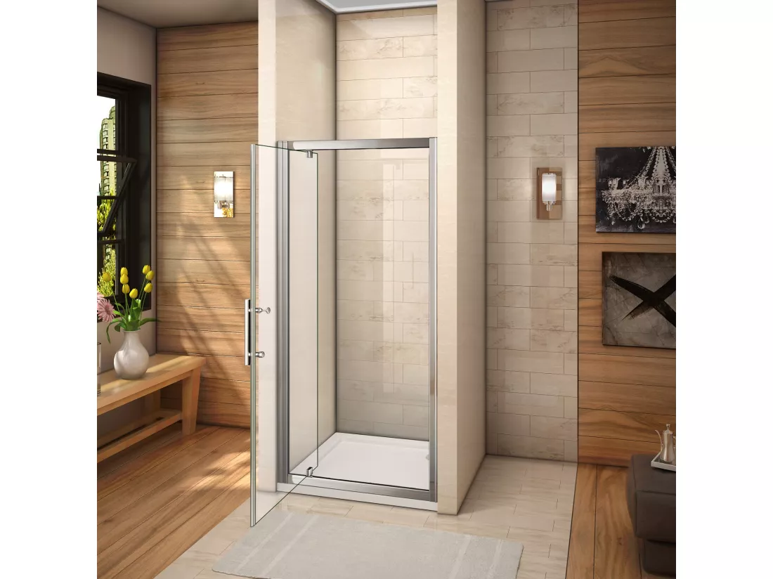 Porte de douche 90x185cm en 6mm verre securit transparent, porte de douche pivotante à pince tournée, installation en niche