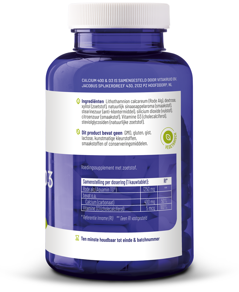 Vitakruid Calcium 400 & D3 Uit Duurzame Rode Alg Aquamin Tg® (90 kauwtabletten)