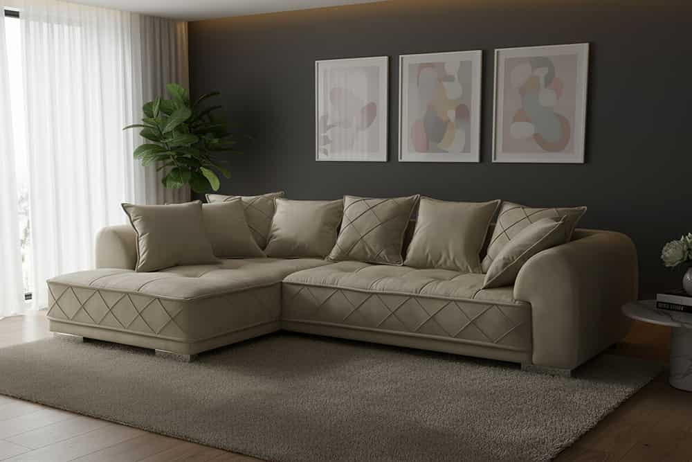 Modernes XXL Ecksofa DECADENCIA 320cm beige Samt Bigsofa inkl. Kissen