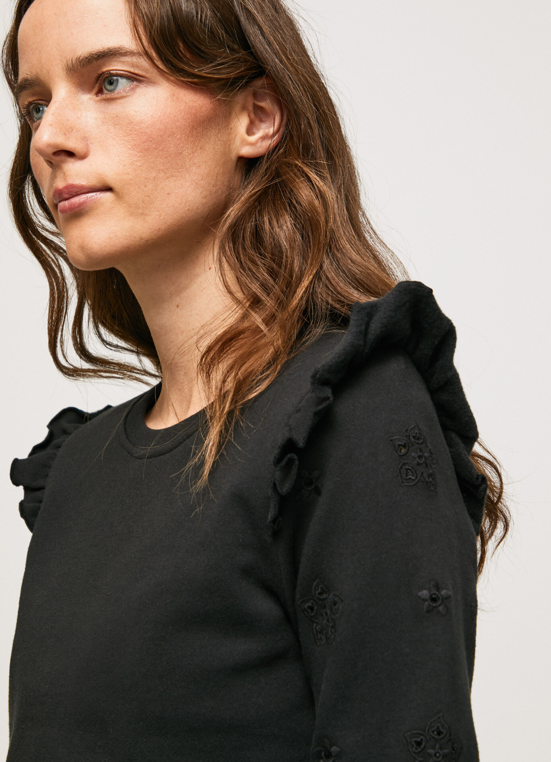 Blusa de moletom de algodão com babados - preta