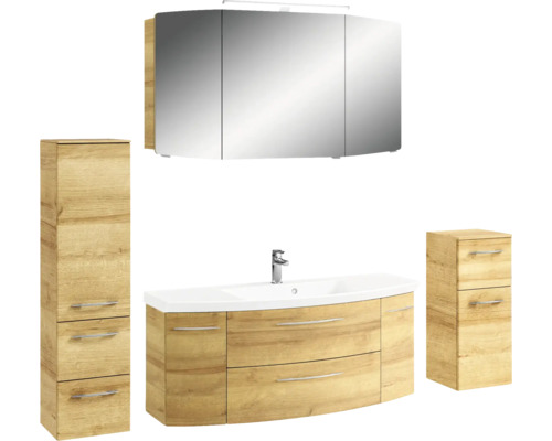 Pelipal Sunline 104 badkamermeubelset (B x H x D 181 x 200 x 50,5 cm), frontkleur: Riviera eiken, 5-delige set bestaande uit een wastafel in wit mineraalglas, een badmeubel en een spiegelkast met LED-verlichting.