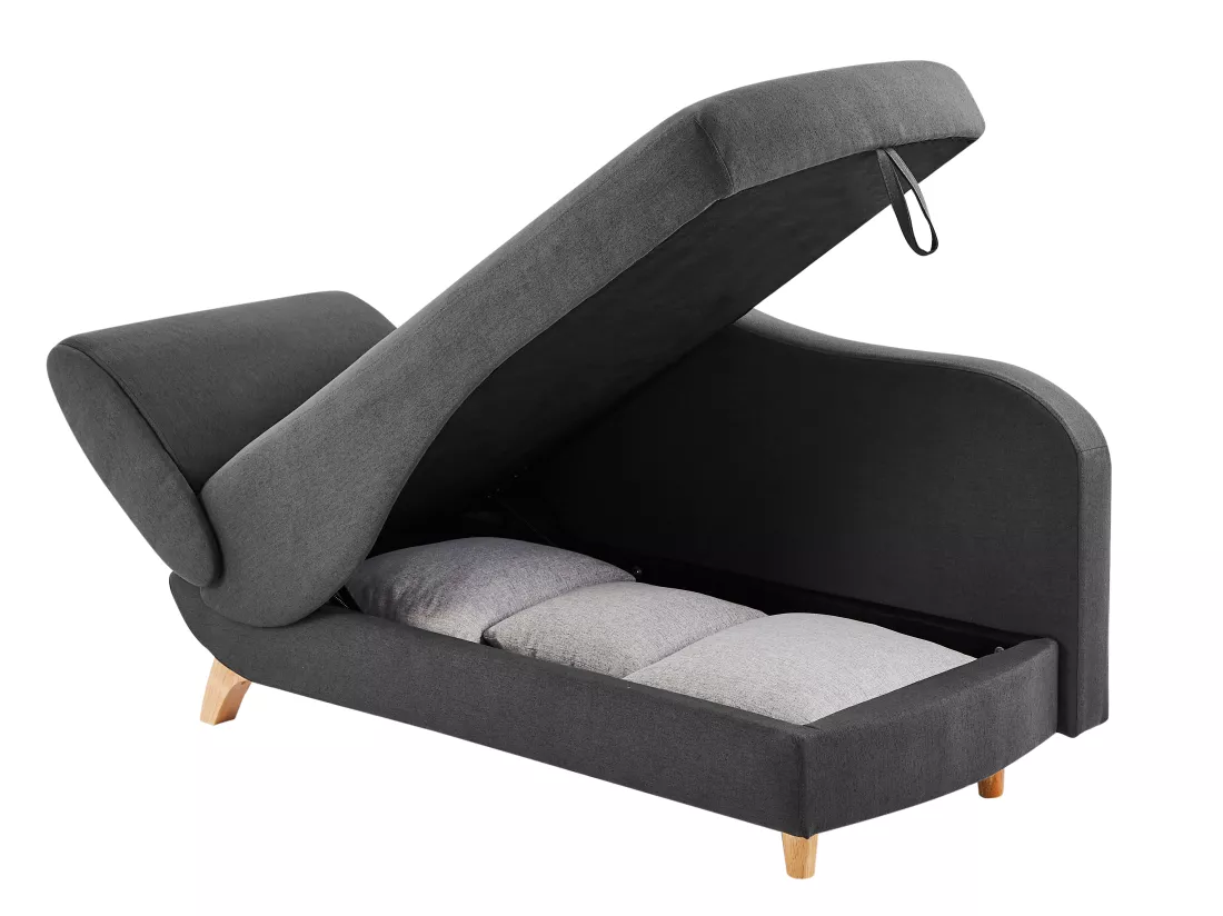 Méridienne droite convertible en tissu anthracite avec coffre de rangement PENELOPE