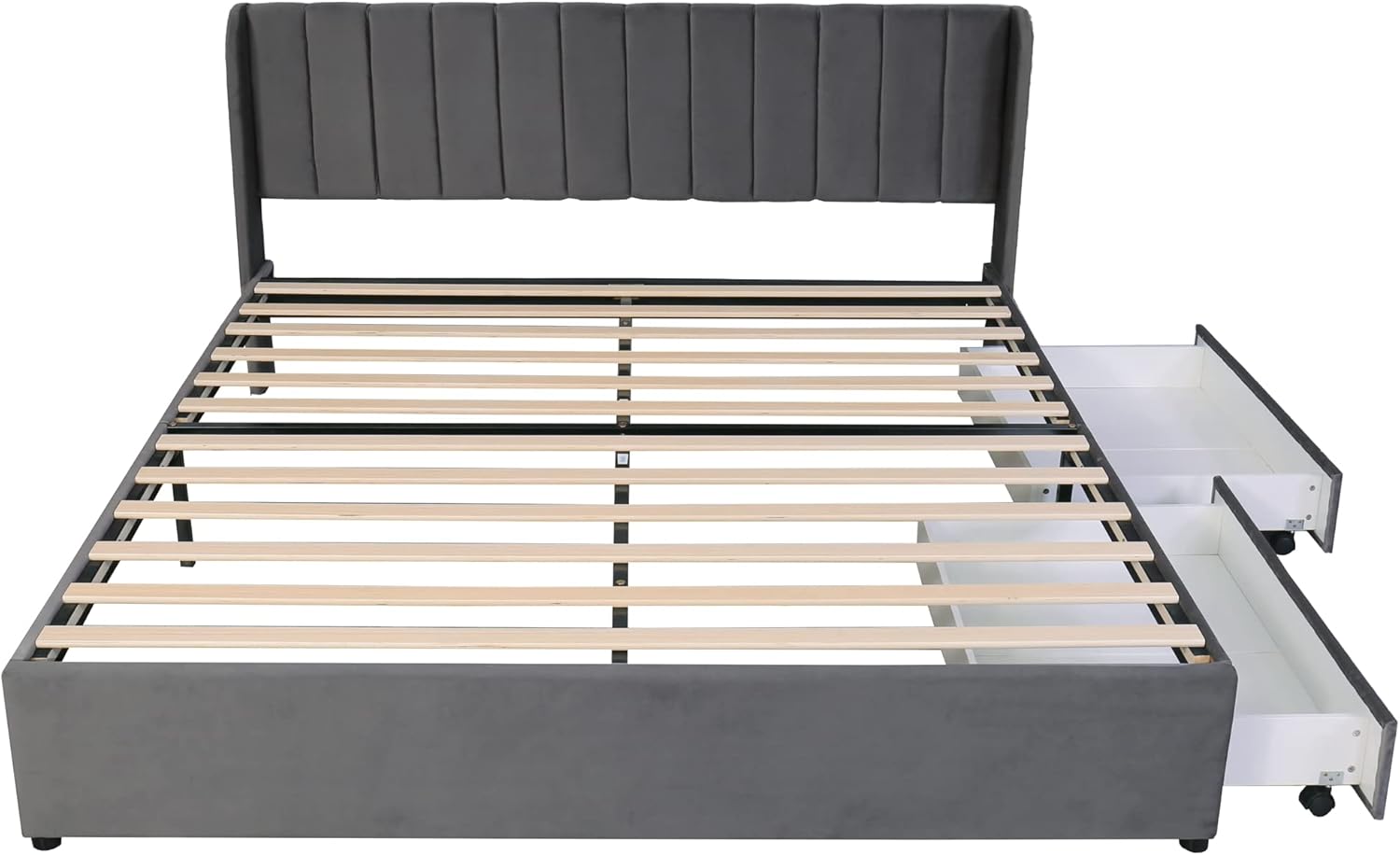 Polsterbett Doppelbett 180x200 cm, Bett mit 2 Stauraum Schubladen und Lattenrost aus Holz, Stauraumbett Bettgestell mit Metallrahmen, Samt, Grau (Ohne Matratze)