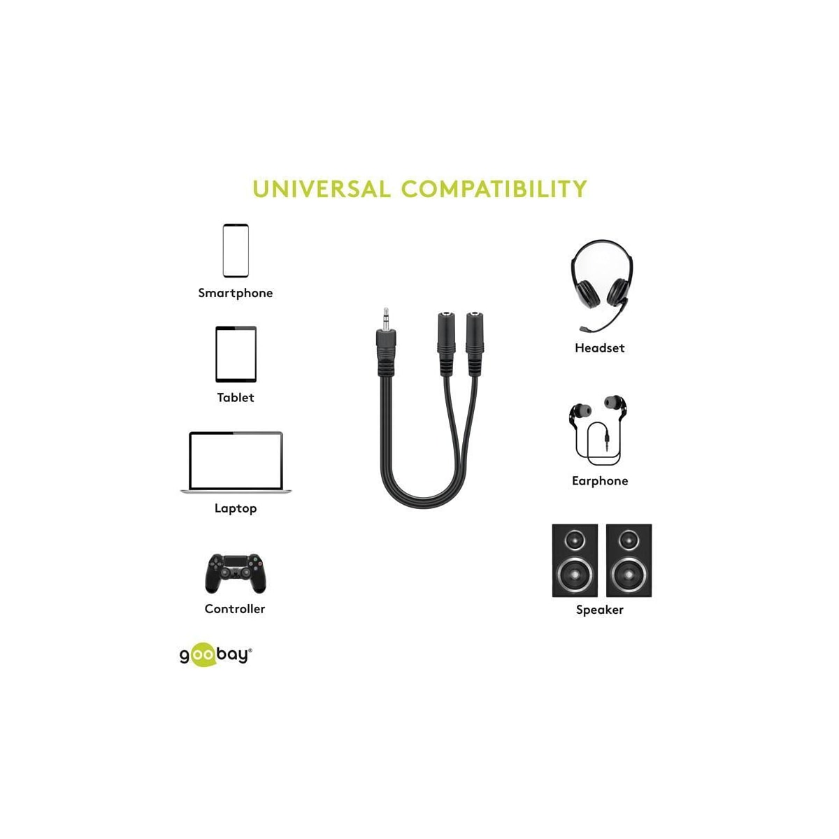 Goobay 3,5 mm lyd Y-kabeladapter  1x hann til 2x hunn stereo