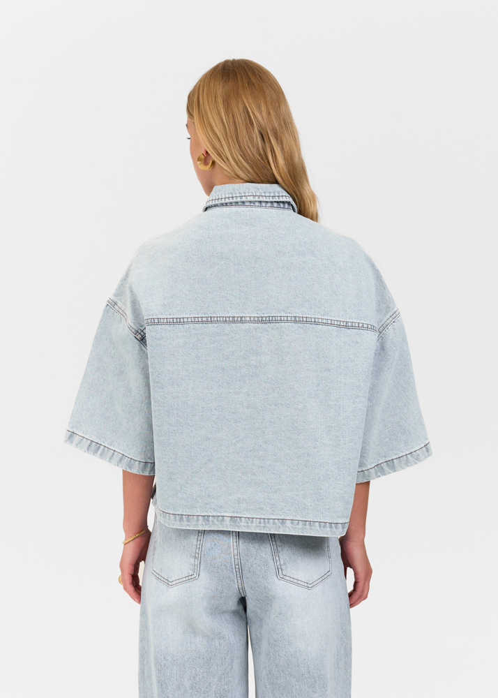Denim blouse korte mouw sky blauw