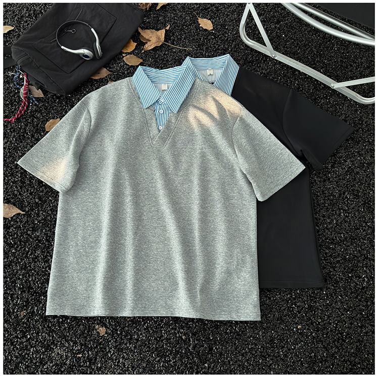 Mimiyox - Mock tweedelig T-shirt met korte mouwen en strepenkraag
