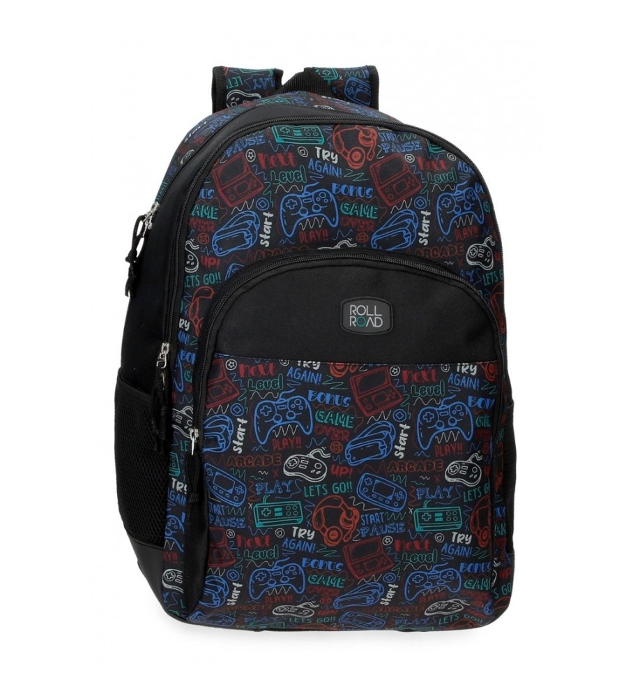 Mochila escolar Roll Road Next Level adaptável com dois compartimentos, preta - 33x44x17cm -