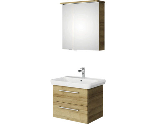 Pelipal Sunline 105 badkamermeubelset (B x H x D 69 x 200 x 48,5 cm), frontkleur: Riviera Oak, met keramische wastafel, badmeubel en spiegelkast met LED-verlichting