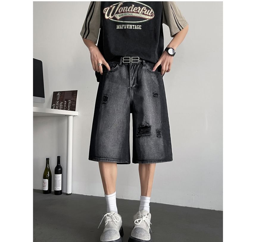 Filmas - Mid Rise Washed Distressed Wide Leg Jorts