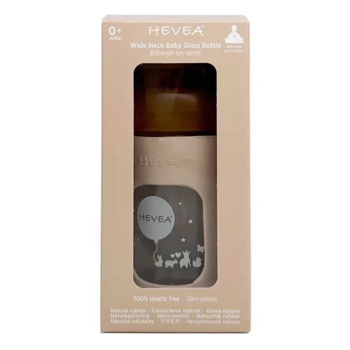Hevea Biberon en verre à col large avec housse de protection Débit lent | Sable