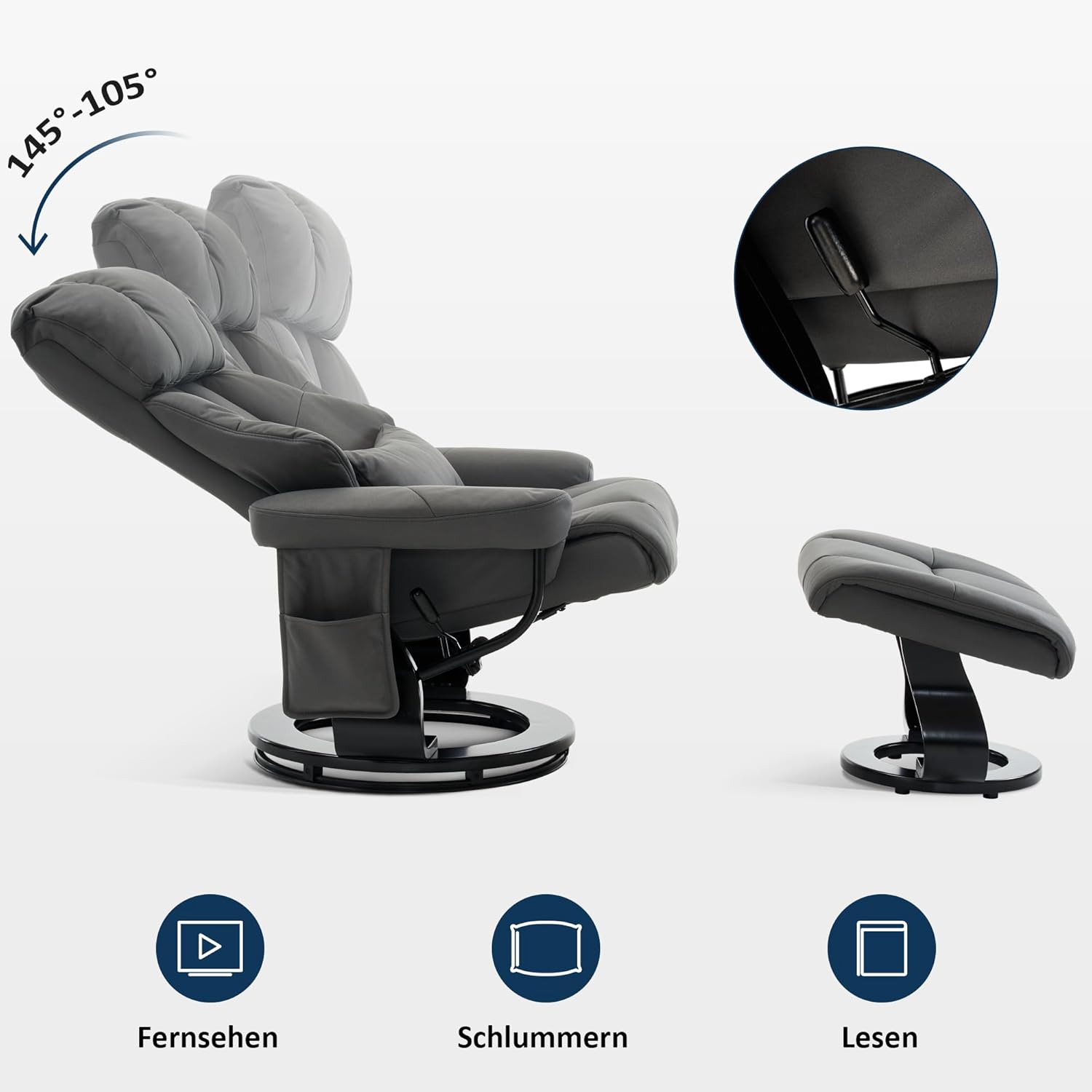 M MCombo Relaxsessel mit Hocker, Drehbare Fernsehsessel mit Liegefunktion, Moderner TV-Sessel Stuhl für Wohnzimmer, mit Kissen & Seitentasche, 9066 (Mikrofaser, Grau)