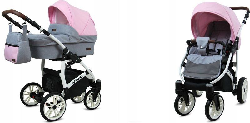BabyLux® Kinderwagen 2in1 – OPTIMAL - LIGHT PINK WHITE FRAME - Opklapbare Wandelwagen incl. Reiswieg, Multifunctionele Buggy Sportstoel - Combi-kinderwagen met Luiertas, Regenhoes, Klamboe, Bekerhouder, etc.