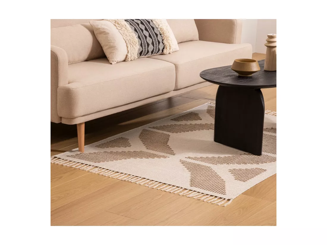 Tapis décoratif Blanc Ivoire et Beige lin motif en relief brodé 120 x 170 cm