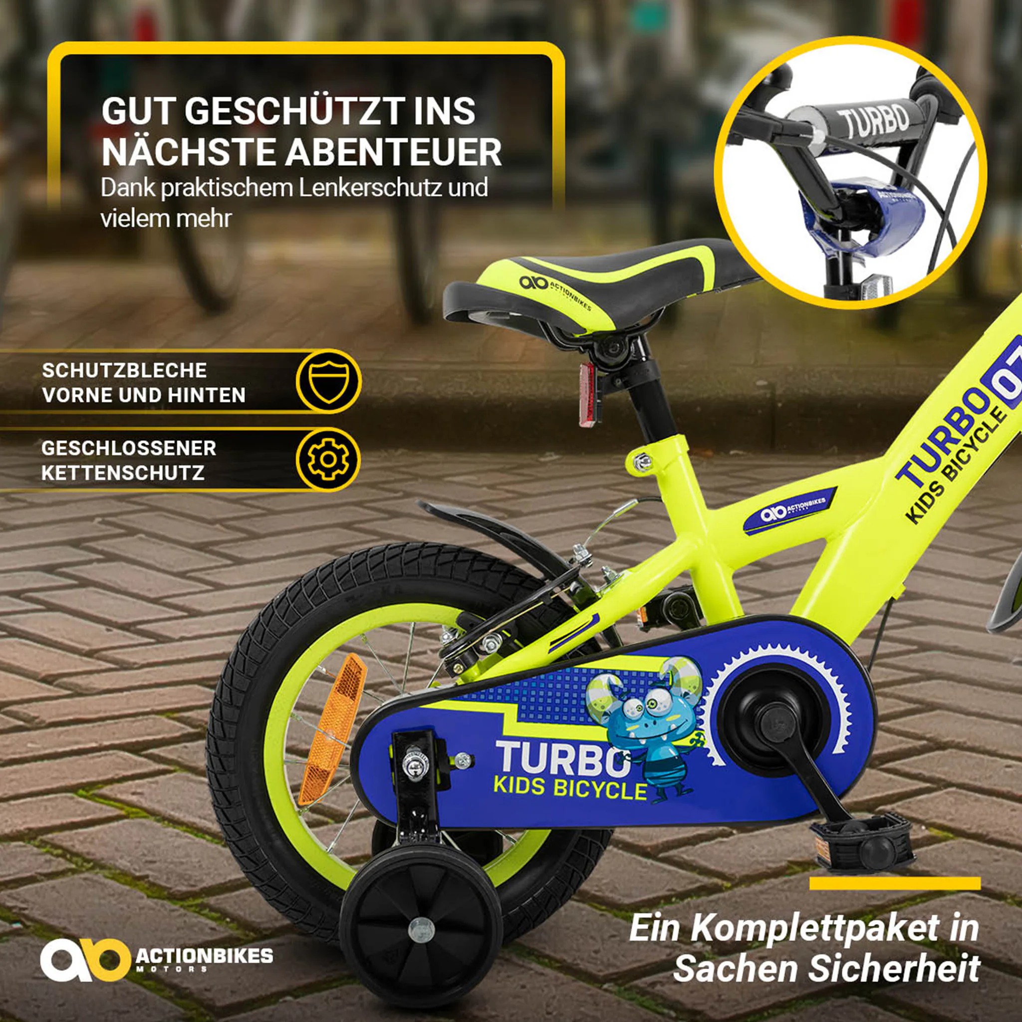 Actionbikes Kinderfahrrad Turbo 12 Zoll, Stützräder, V-Brake-Bremsen, Lenker-/Kettenschutz, Klingel