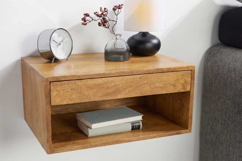 Hängender Nachttisch PURE 50cm braun Mangoholz honey finish Wandregal Schublade