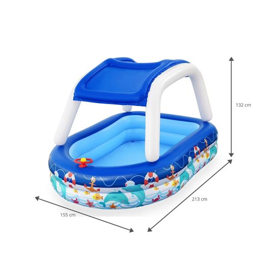 Piscina inflável Bestway 213x155x132 cm com barco, cobertura protetora e leme com buzina.
