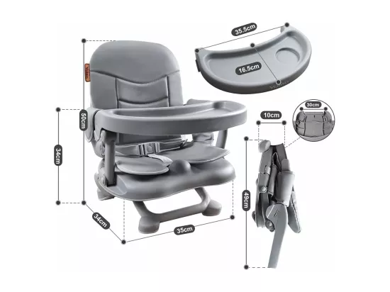 Réhausseur Chaise Enfant Pliable,Chaise Haute Bébé Portable,Bébé Chaise repas en Hauteur Réglable,Plateau Amovible,6 mois à 3 ans,Gris avec Coussin