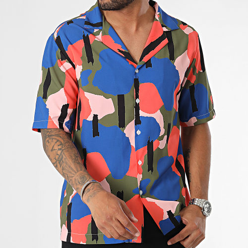 Chemise Manches Courtes Bleu Orange Vert Kaki