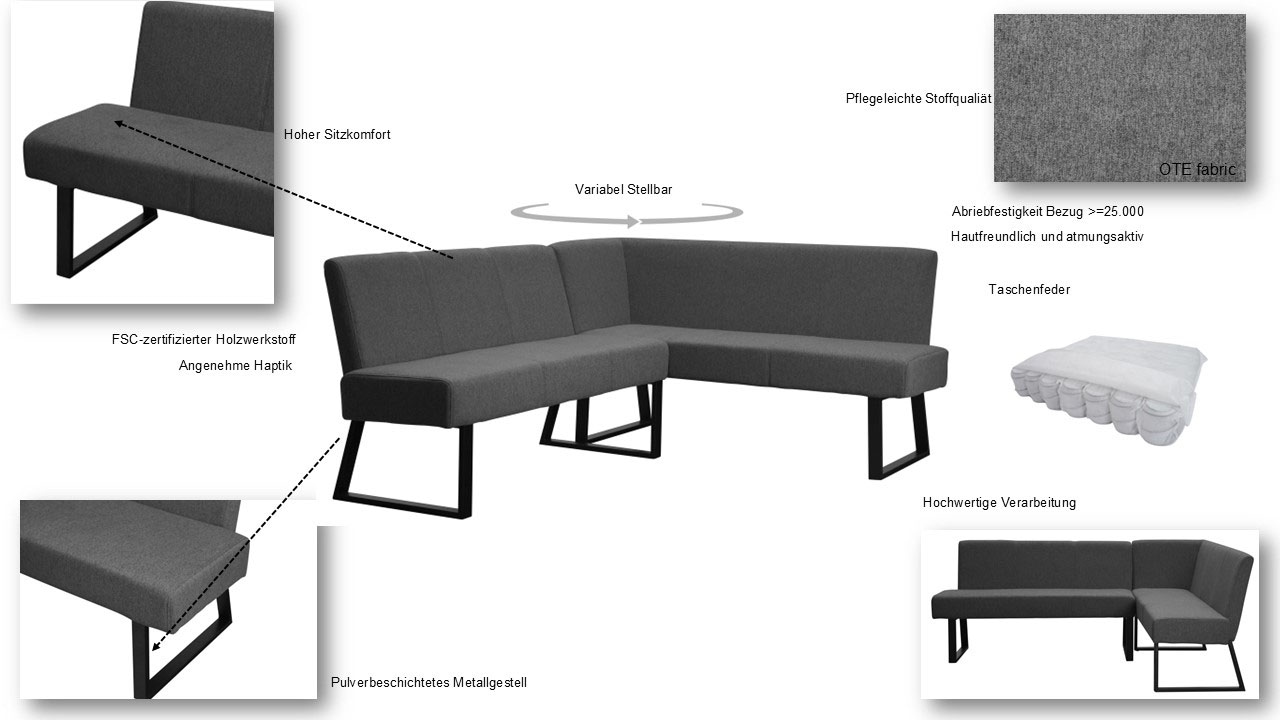 GOODproduct Eckbank »Gladiole,« Sitzbank, Esszimmerbank, Bank,  mit Taschenfederkern, schwarzes Metallgestell, Breite 190 cm