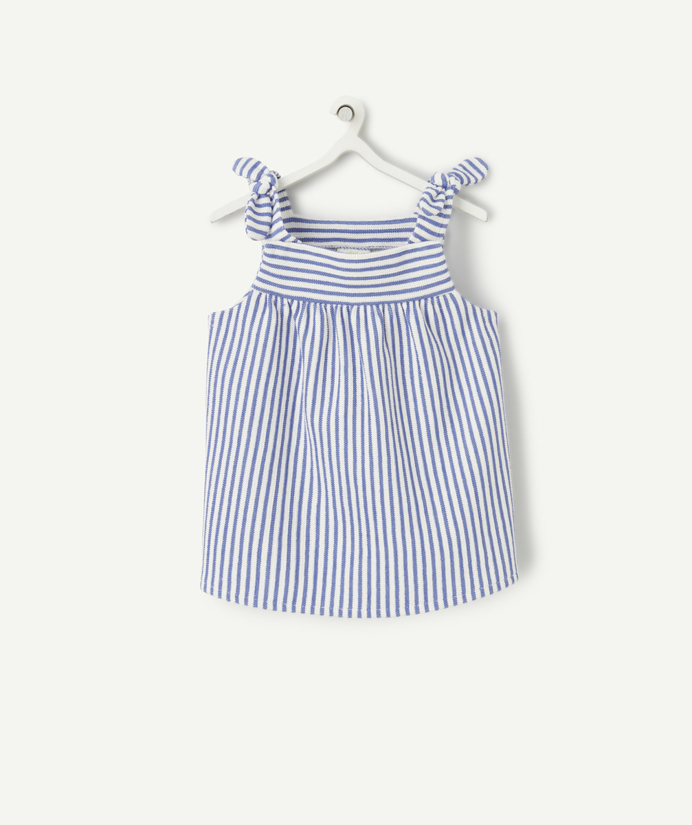 top bébé fille en fibres recycées écru et tricot côtelé à rayures bleues