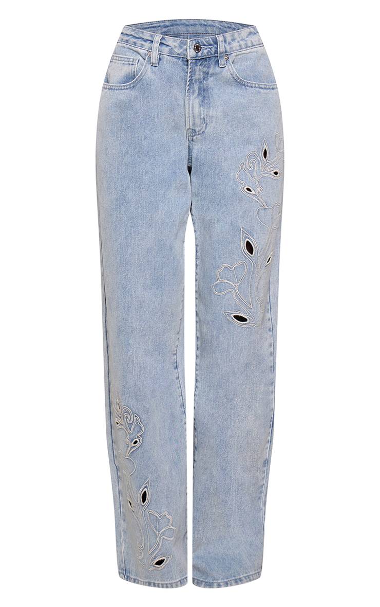 Mid Blue Wash Jean Large Bleu Moyen Avec Détails Brodés