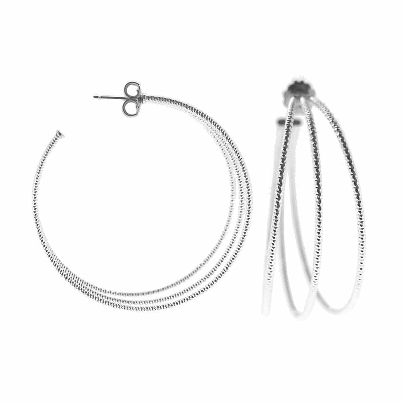 Boucles D'oreilles Creoles Trois Anneaux Grand Modele Argent Rhodié Diamanté Helena Diamètre 55mm