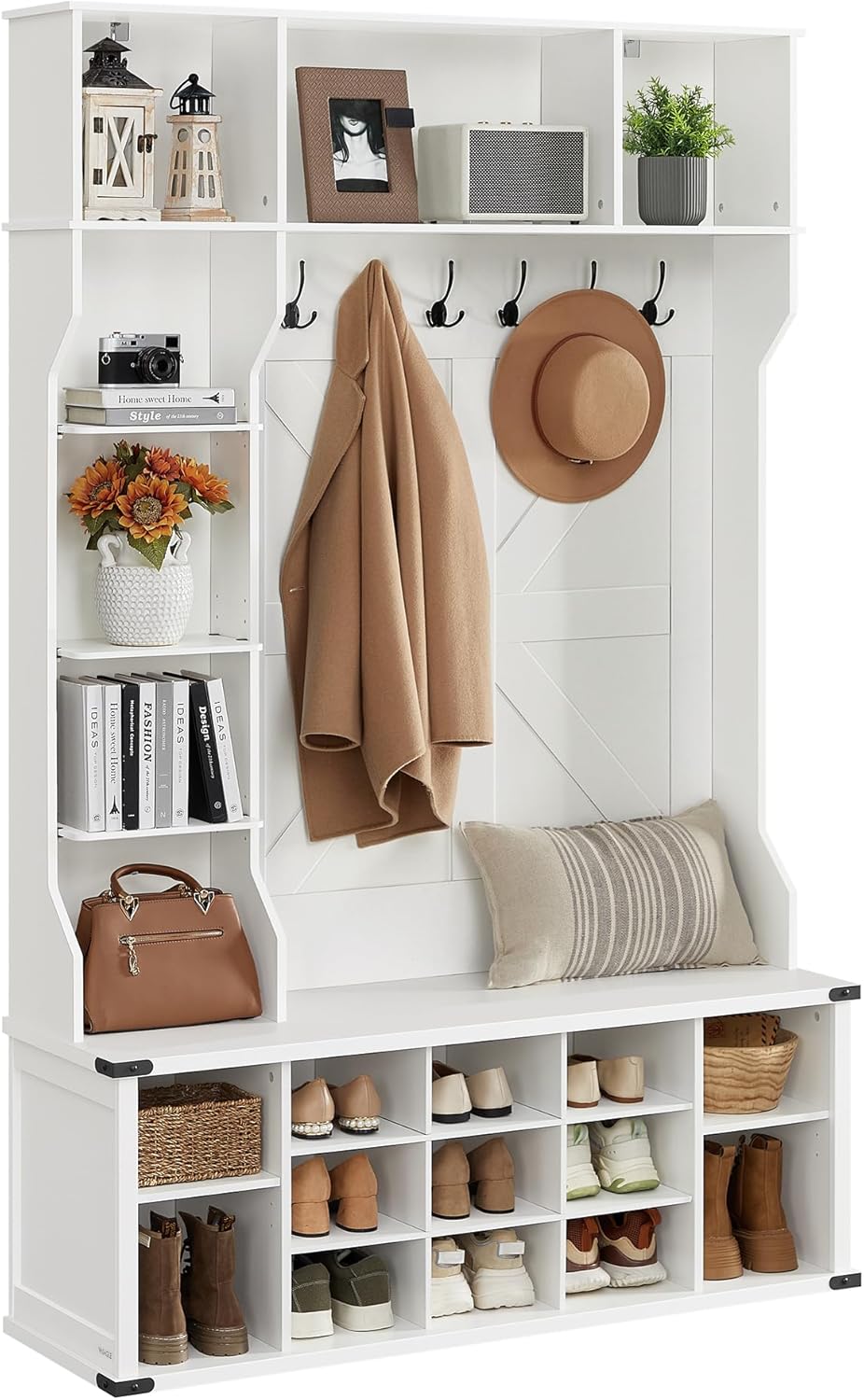 VASAGLE Kleiderständer, Garderobe, Eingangsmöbel mit Schuhregal, verstellbare Ablagen, 20 offene Fächer, 6 Dreifach-Haken, Landhausstil, freistehend, für Eingangsbereich, Flur, wolkenweiß HSR440W03