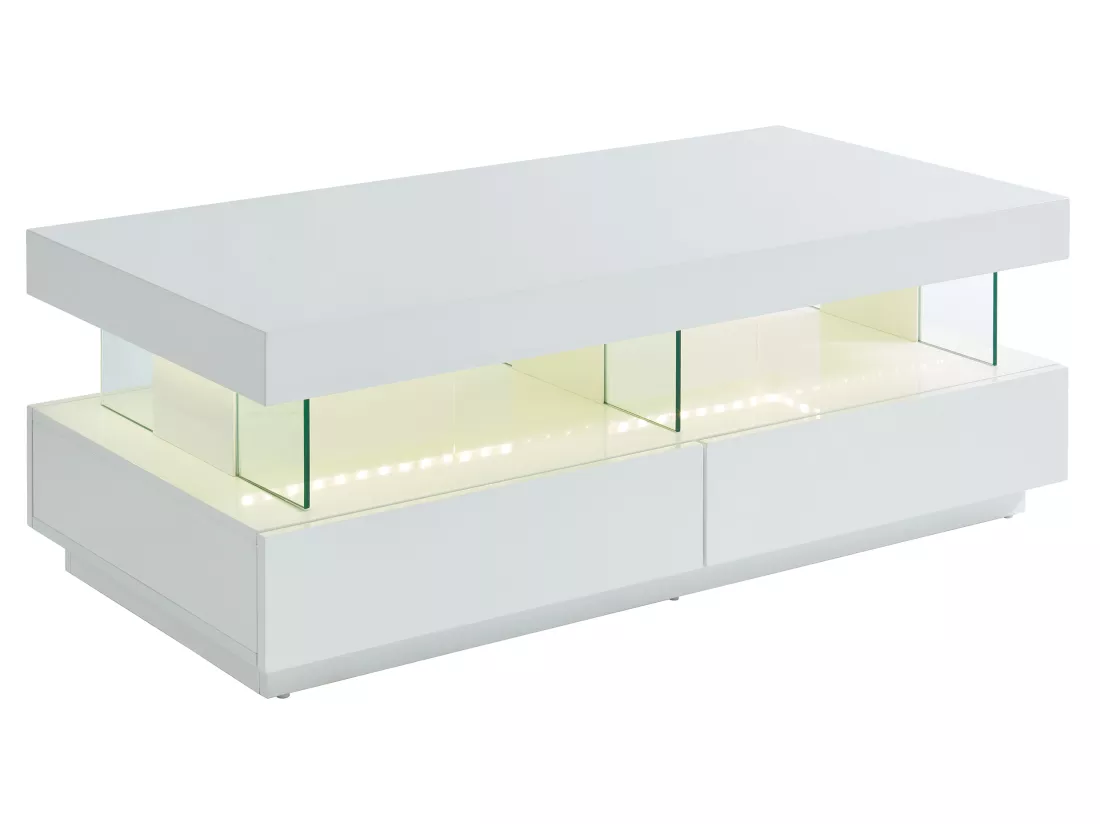 Table basse 2 tiroirs et 2 niches avec LEDs - MDF et verre trempé - Blanc laqué - FABIO II