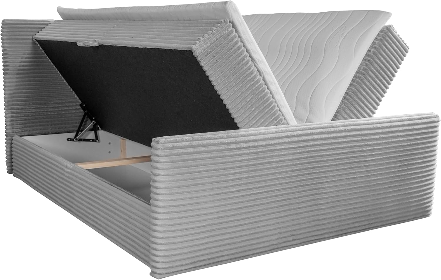 Kaiser Möbel - Bett 180x200 cm, Boxspringbett mit Bettkasten und Topper, Cord Schlafzimmerbett, Doppelbett mit Stauraum und Gepolstertes Kopfteil, Toppermatratze aus Viscoschaum - Trento - Beige