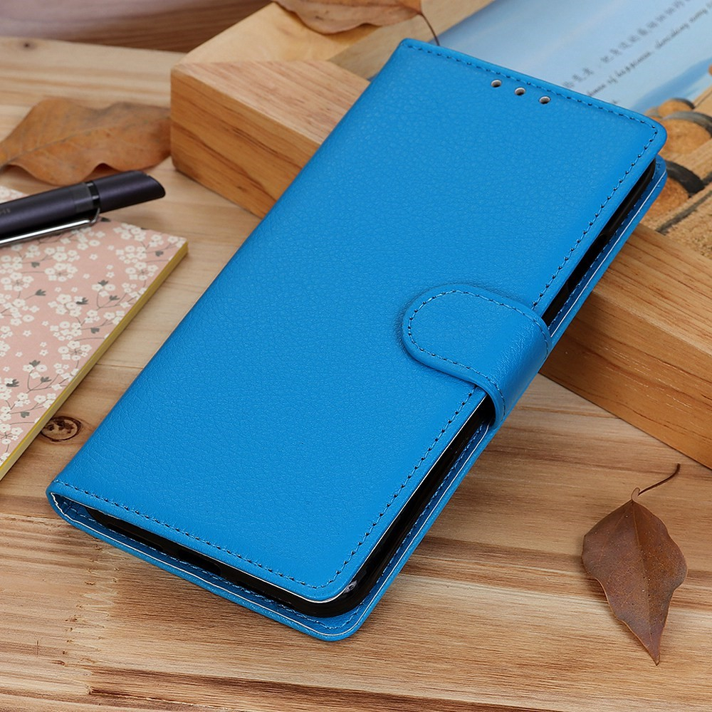 iPhone 16 Leder Tasche Flip Cover Litchi Look - Blau