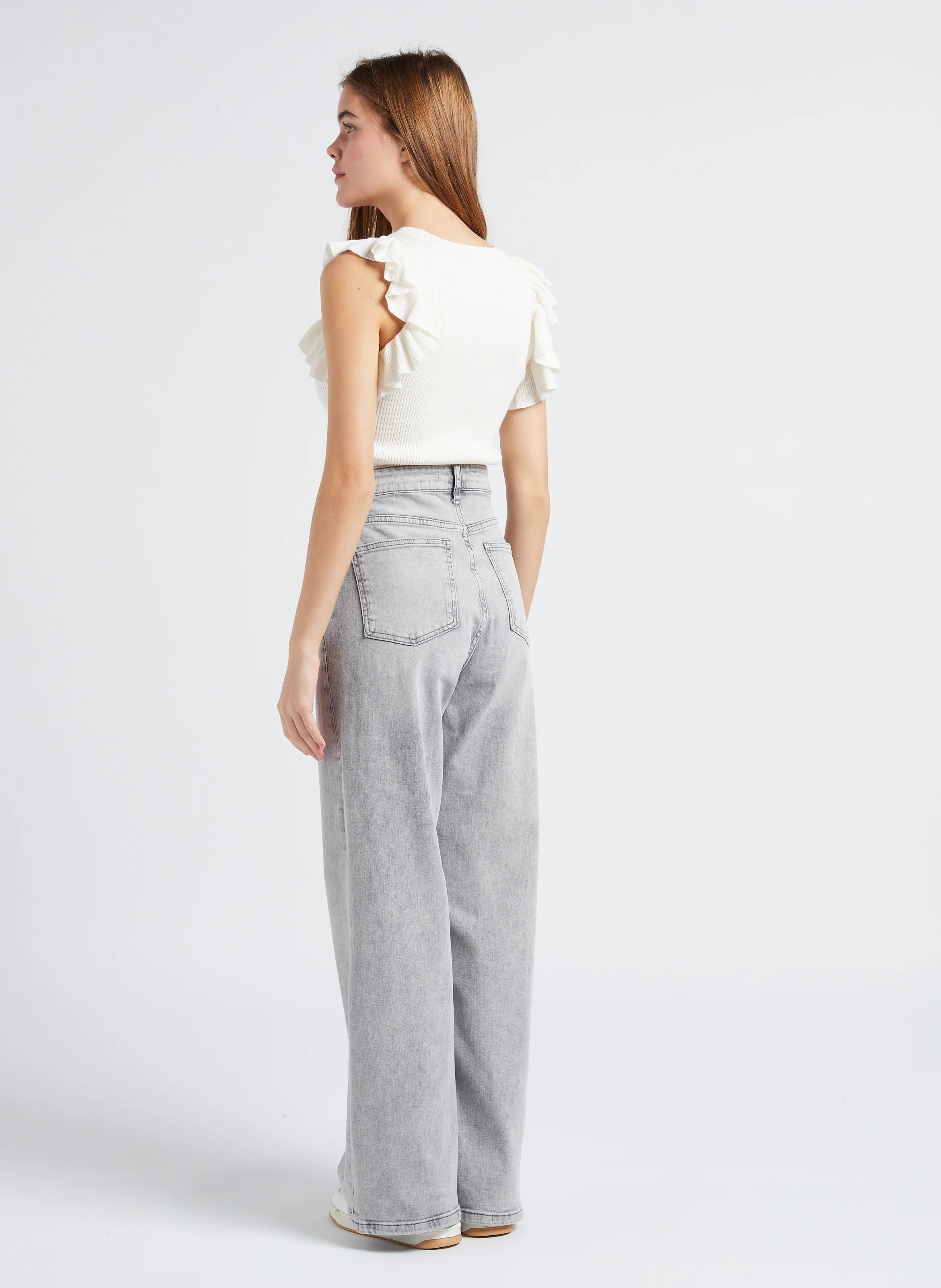 LINA - Jean ample taille haute en coton mélangé | Gris