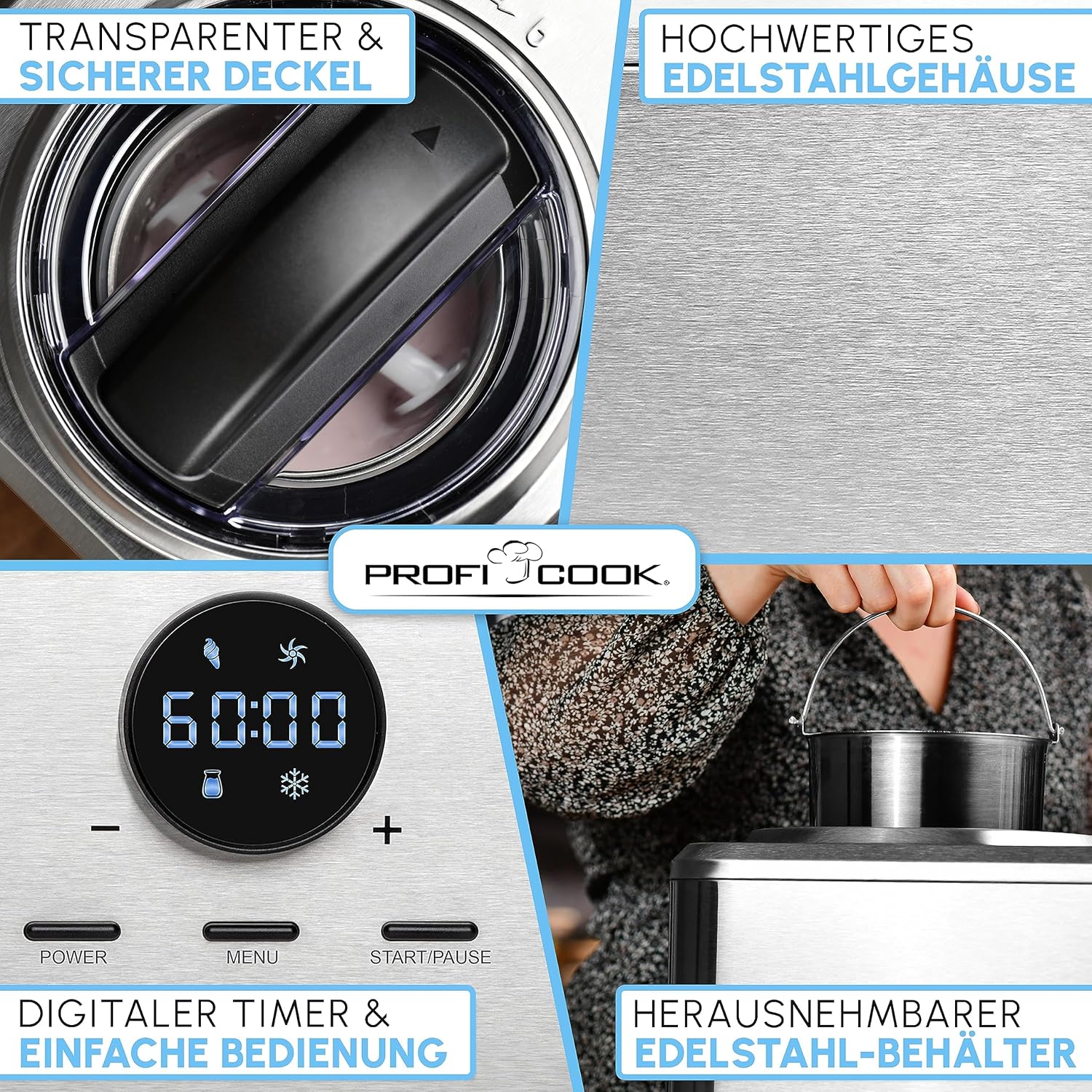 ProfiCook Eismaschine und Joghurtbereiter | Eis in 20 min. | für bis zu 1500ml | Eismaschine mit Kompressor | für Eis & Frozen Joghurt | Inkl. Rezeptvorschläge, Spachtel und Messbecher | PC ICM 1268