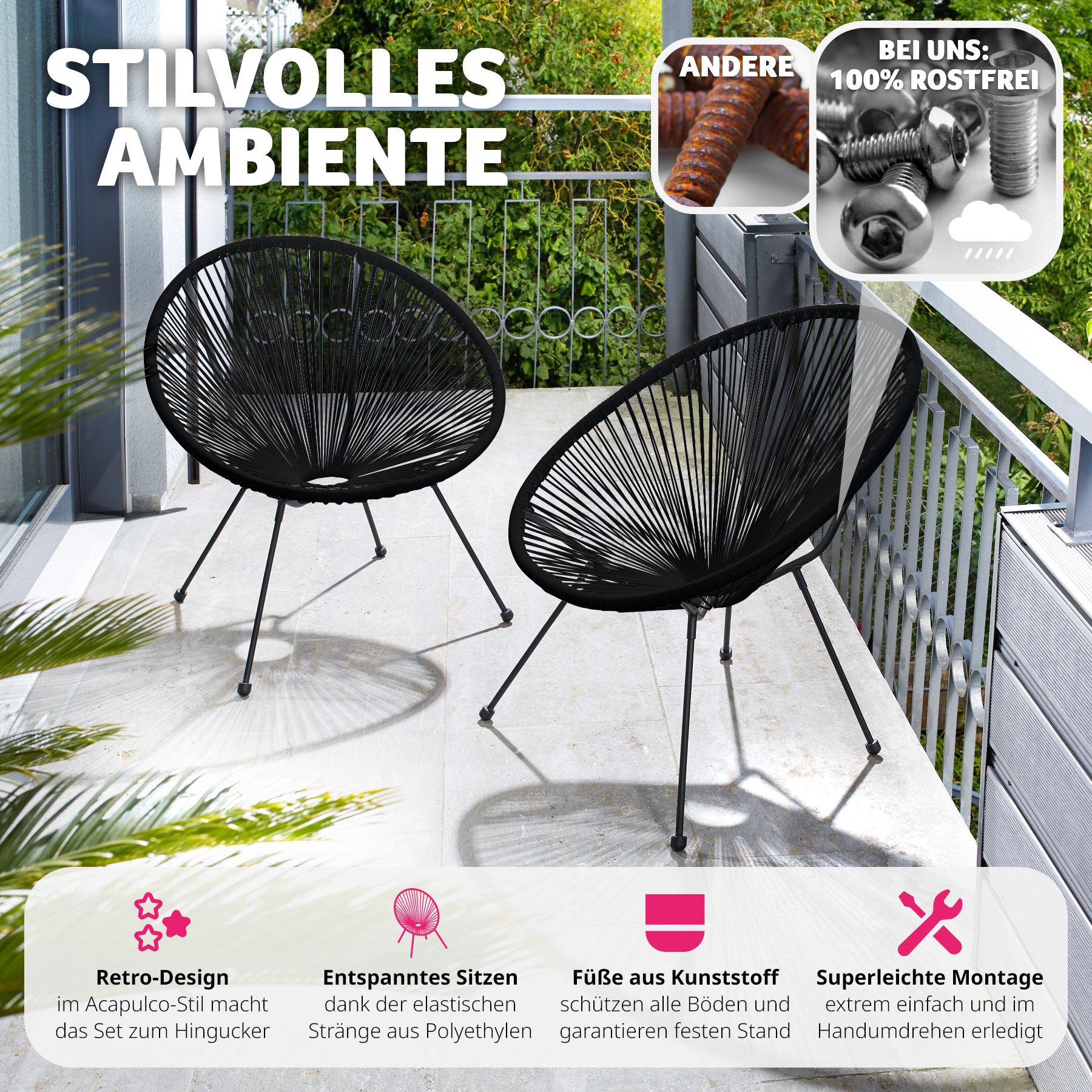 tectake® 2er Set Gartenstuhl, Retro-Design im Acapulco-Stil, filigranes Gestell, Belastbarkeit 120 kg, 70,5 x 69 x 78 cm