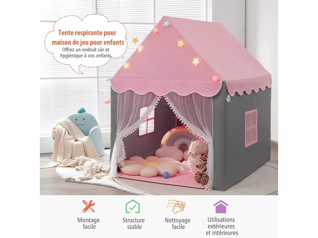 Tente de Jeux Enfants, Château de Princesse Tente Intérieure avec Tapis Lavable, Lumières Étoiles, 105 x 121 x 136 CM, Rose