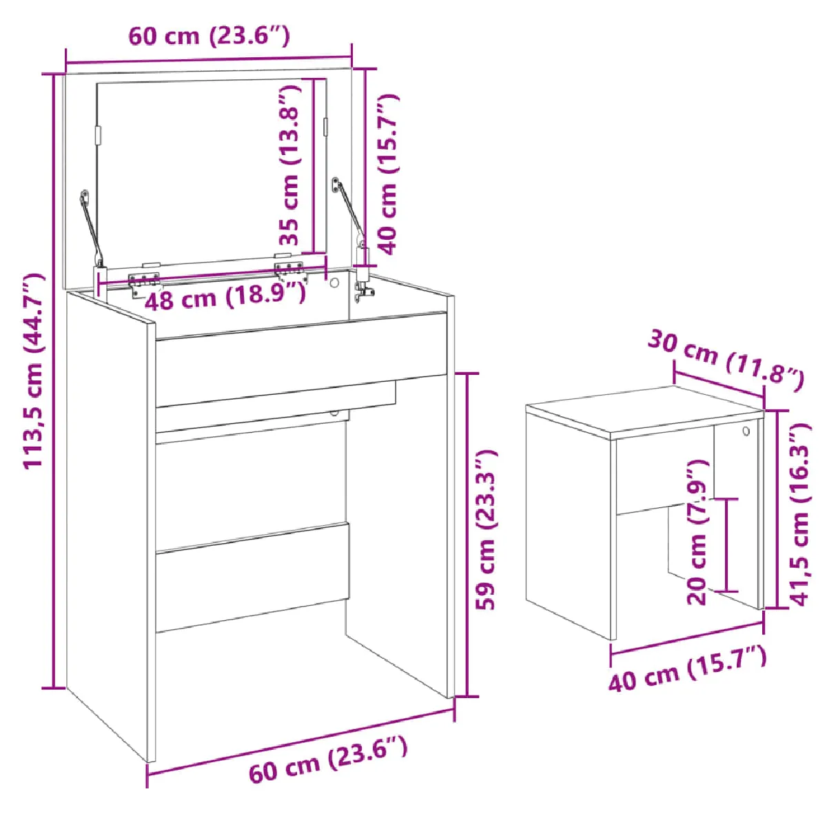 vidaXL Coiffeuse et Tabouret - Gris Béton