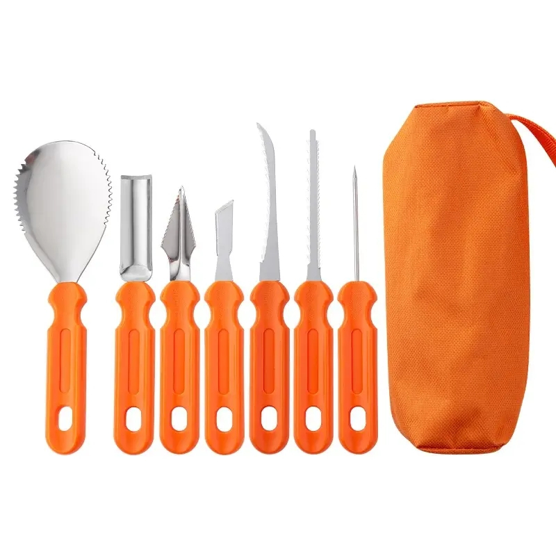 (7-tlg. Set) Halloween DIY Deko Kürbis Schnitz Werkzeug Pumpkin Aushöhlen inkl. Aufbewahrungs Tasche - Orange