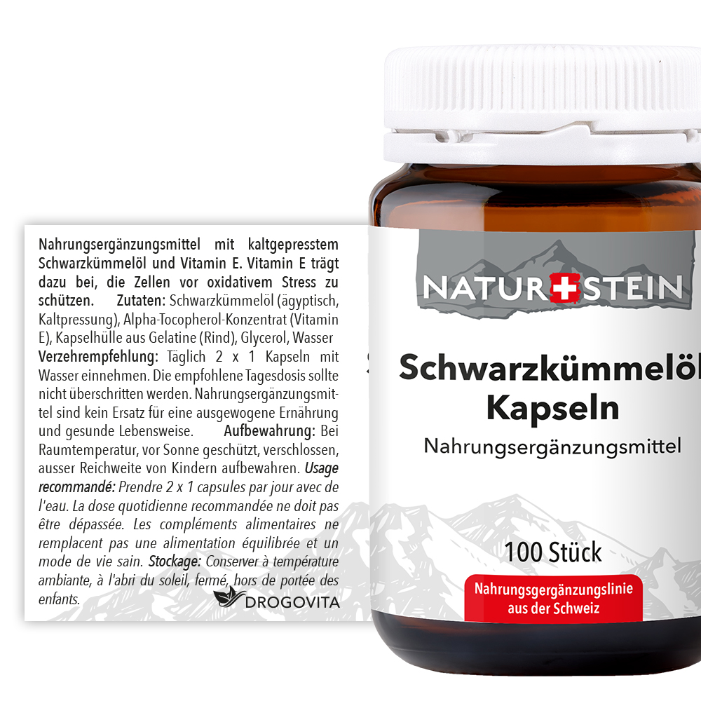 NATURSTEIN Schwarzkümmelöl Ägyptisch<br>100 Stück, Glasflasche, Kapsel