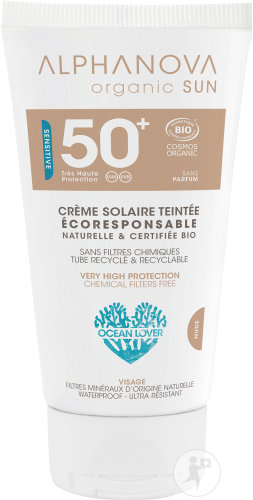 Alphanova Sun Crème Teintée Claire IP50+ Très Haute Protection Visage Peaux Sensibles Bio Tube 50g