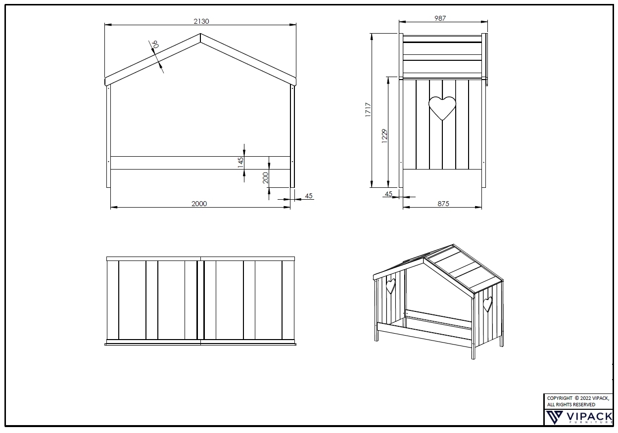Hausbett AMORI - weiß - teilmassiv - Dachaufbau - 90x200 cm