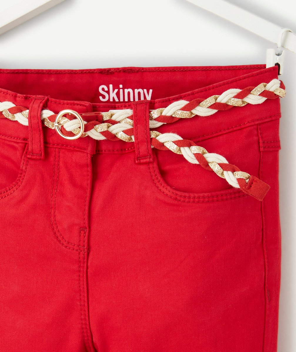 PANTALON SKINNY FILLE EN DENIM LESS WATER ROUGE AVEC CEINTURE FANTAISIE