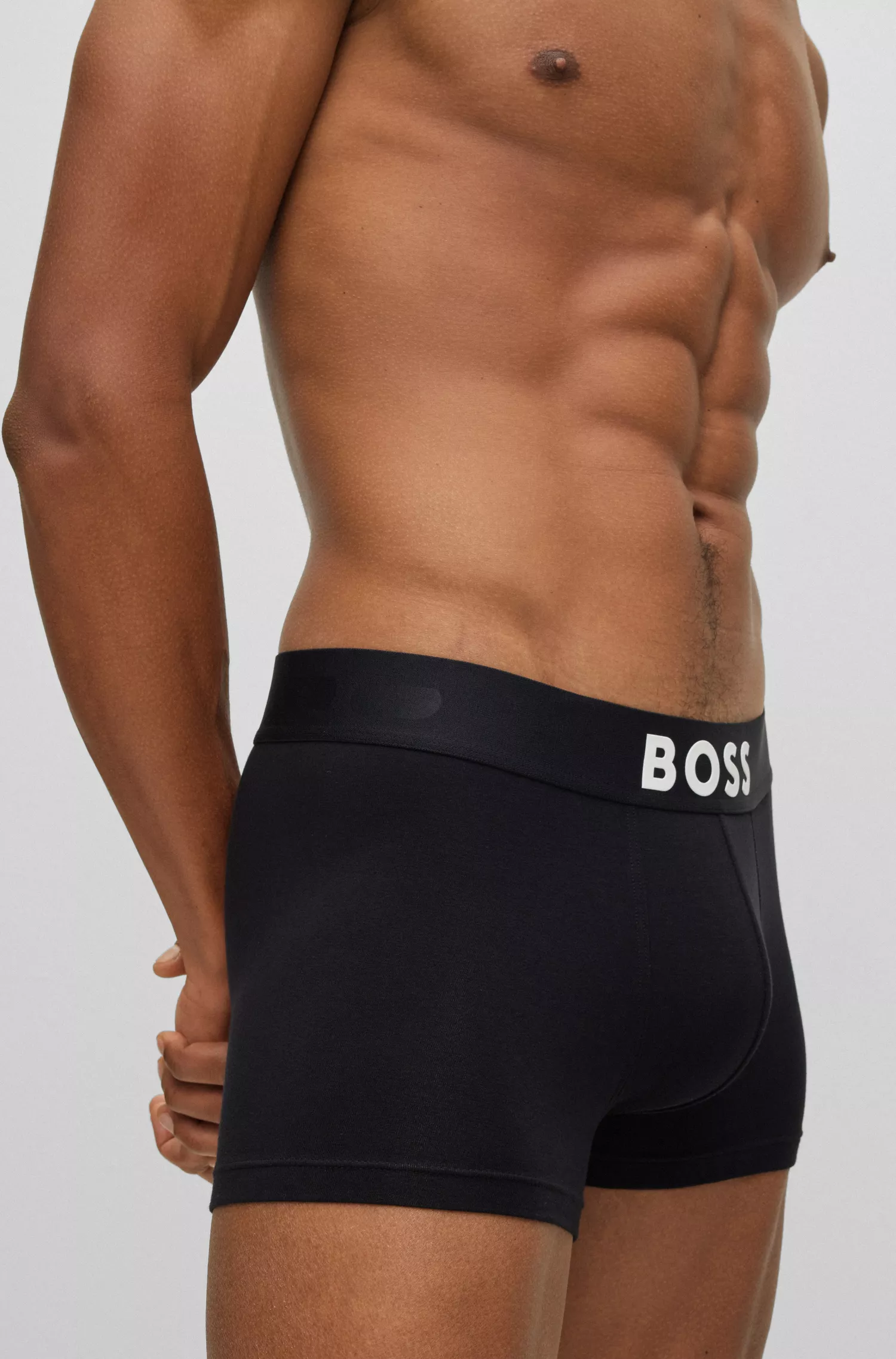 Cueca boxer BOSS preta em algodão stretch com cós com logo.