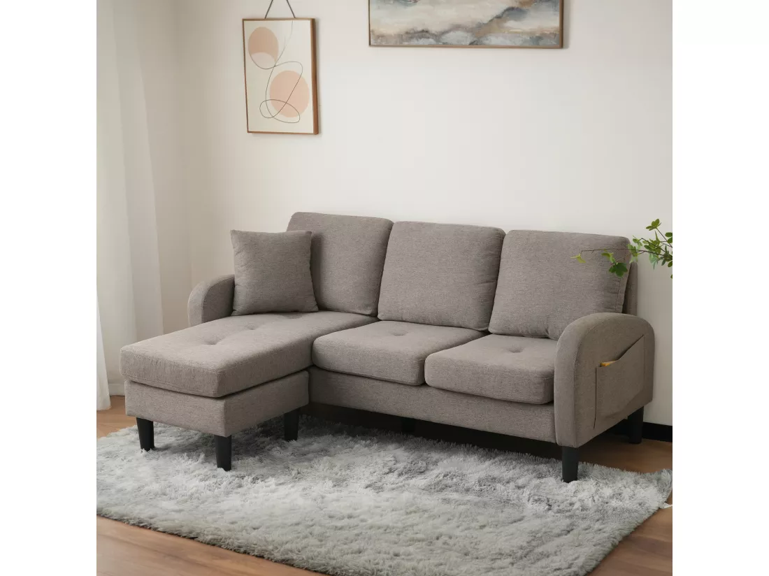Canapé d'angle 3 places avec méridienne - 185 x 118 x 82 cm - tissu en coton et lin respirant - Gris foncé antique