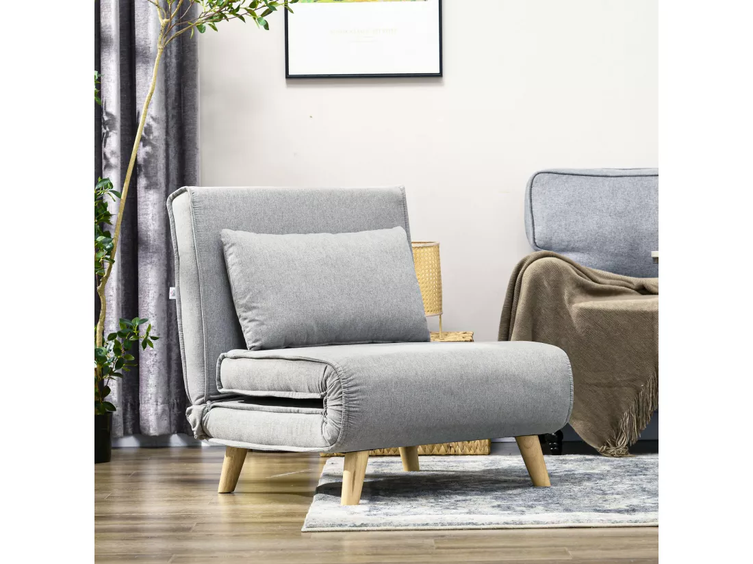 Fauteuil chauffeuse canapé-lit convertible 1 place - coussin inclus - style scandinave tissu gris clair