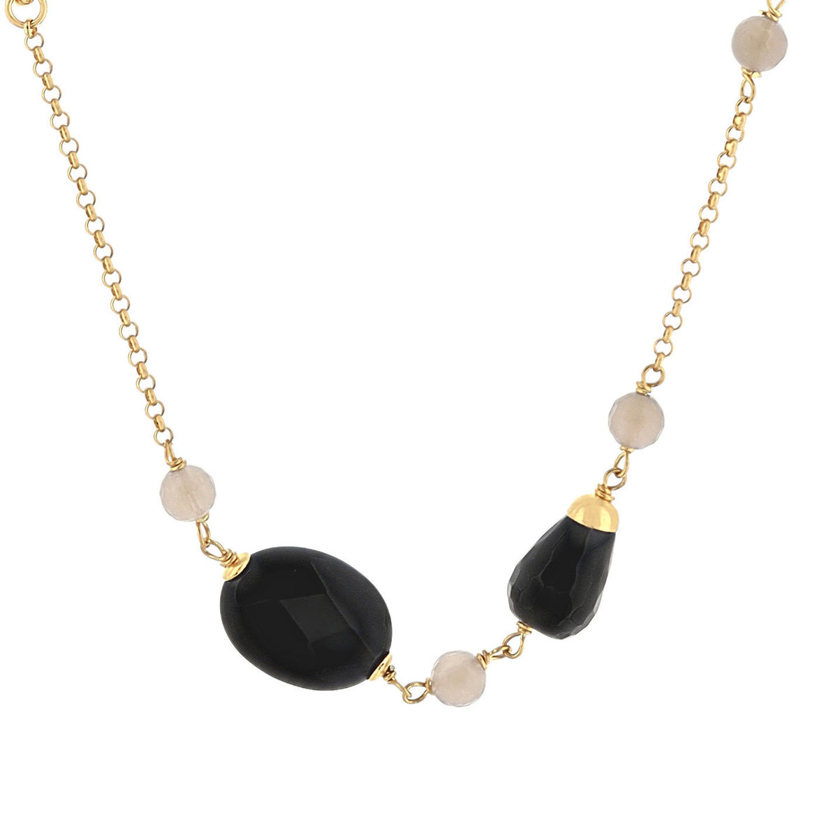 Sautoir argent 925 rose, onyx et agates grises 100 cm