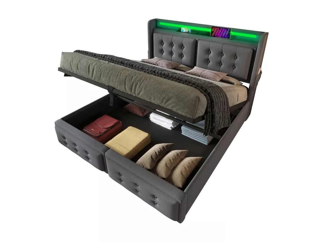 Lit coffre 180x200cm en tissu lin - avec LED et Ports de recharge - Gris
