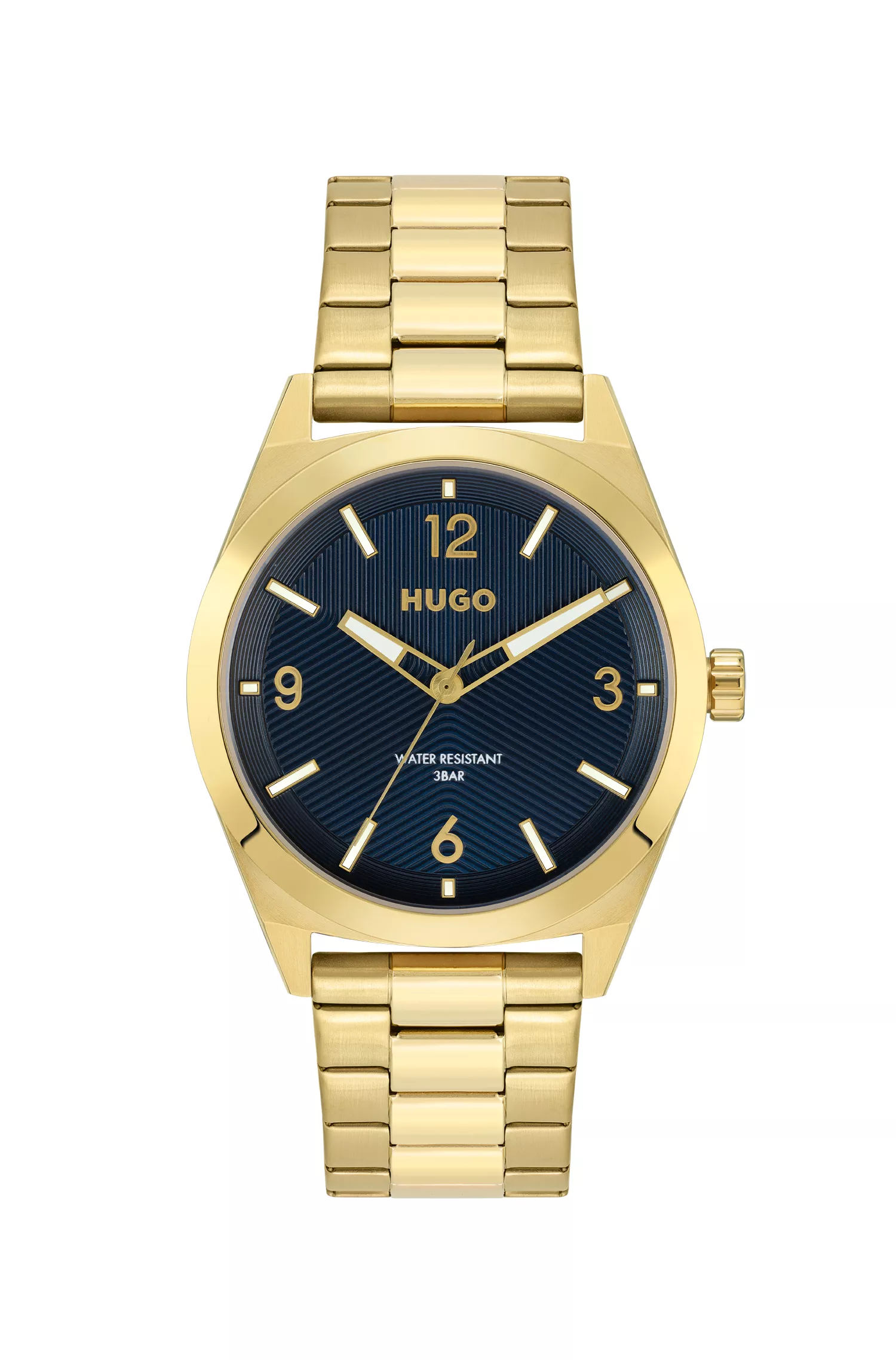 Relógio HUGO com efeito ouro-avermelhado, mostrador azul e pulseira de elos.